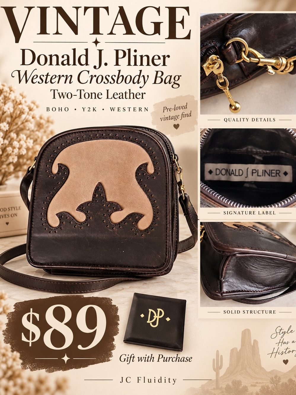 Donald J. Pliner Two-Tone Dark Brown and Tan Western Crossbody